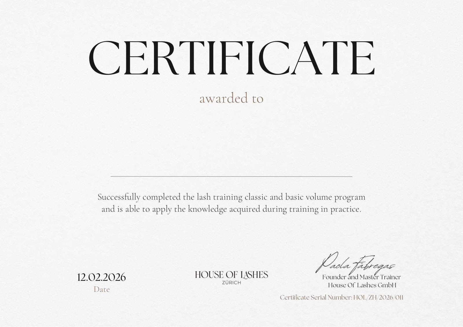 House of Lashes Certificate